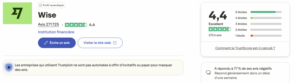 L'avis des clients sur Wise (TrustPilot)