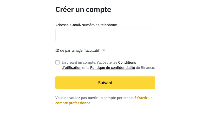 binance créé un compte