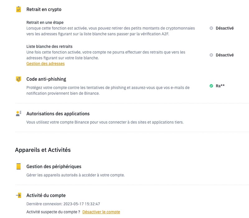 binance désactiver