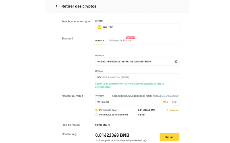binance retirer crypto