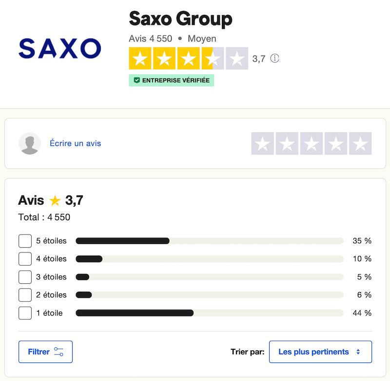capture d’écran avis saxo bank trustpilot