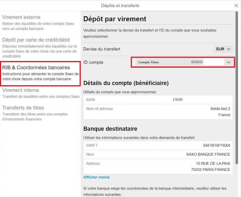 capture d’écran dépôt saxo bank