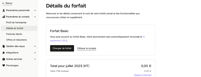 capture d’écran details du forfait qonto