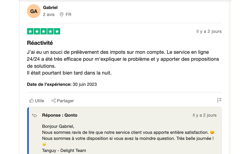 capture d’écran positif avis trustpilot qonto