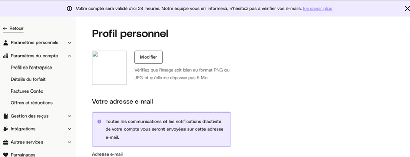 capture d’écran profil personnel qonto