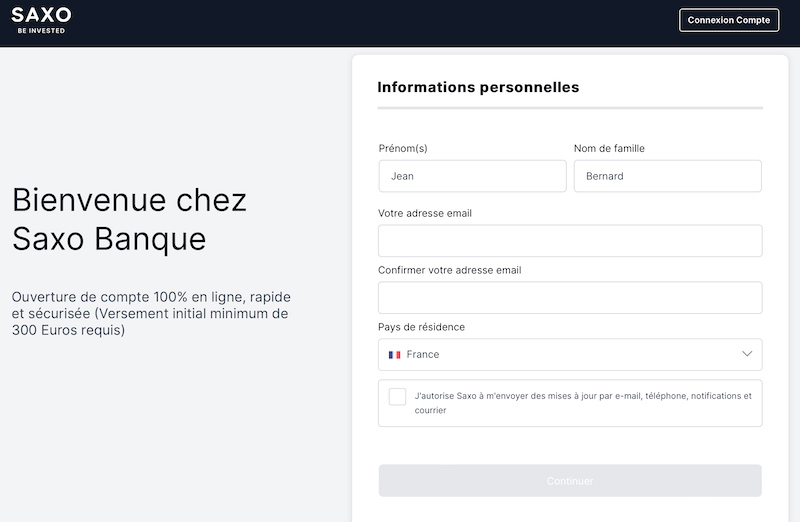 capture d’écran s'inscrire saxo bank