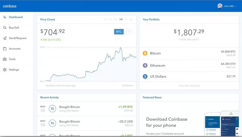 capture d’écran l'interface coinbase