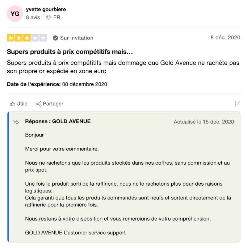 capture d’écran trustpilot gold avenue