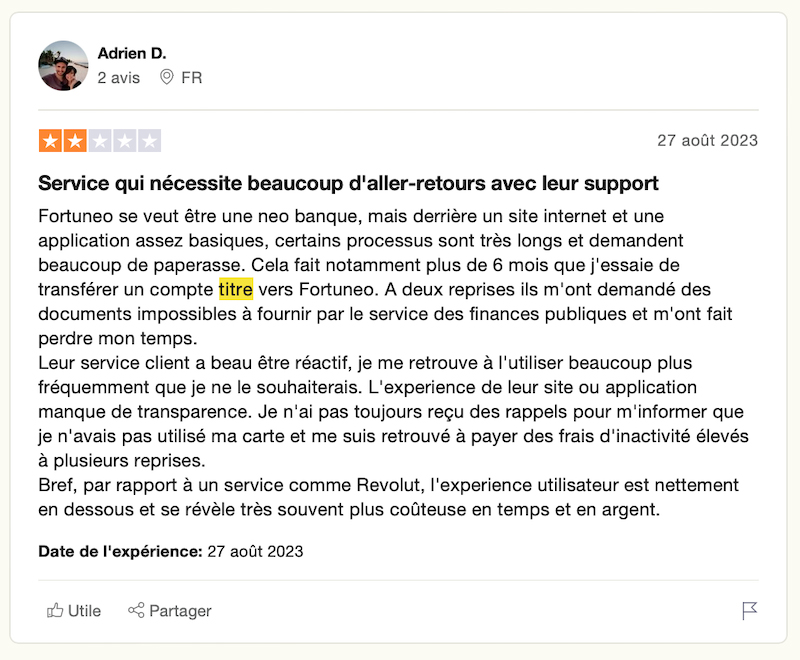 avis des clients négatif de Fortuneo