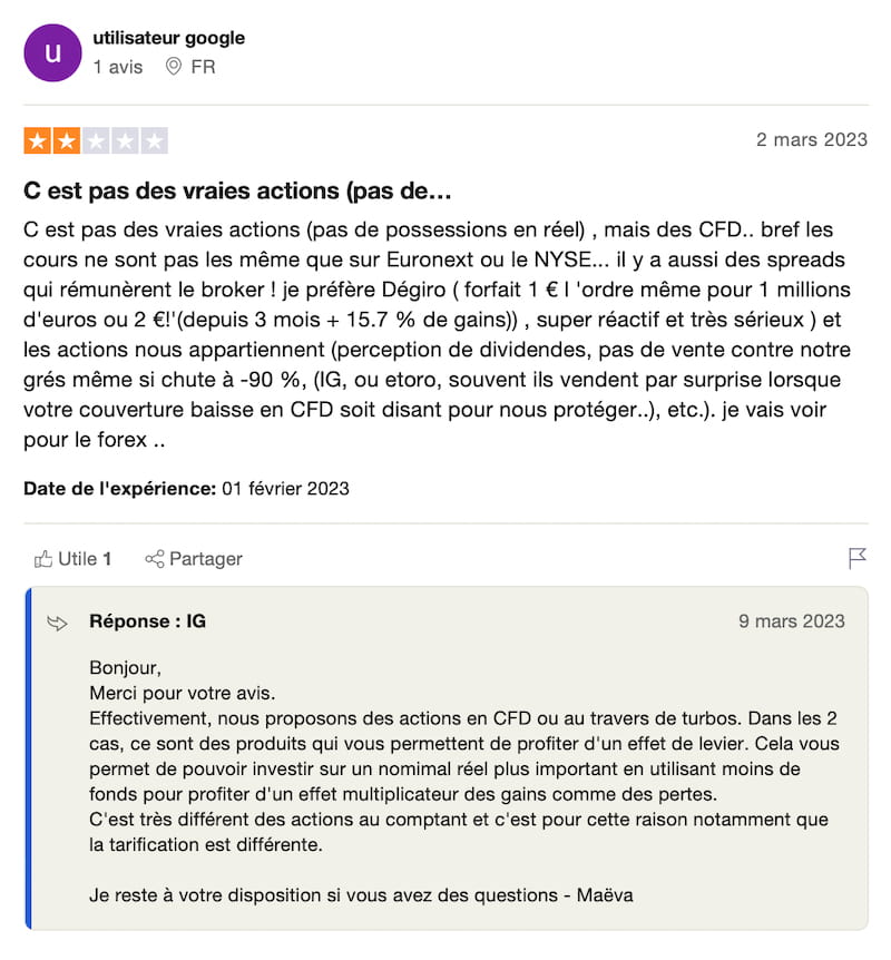 capture d’écran avis negatif ig market