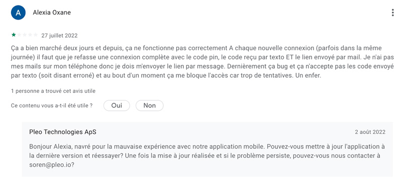 avis des clients application mobile Pleo