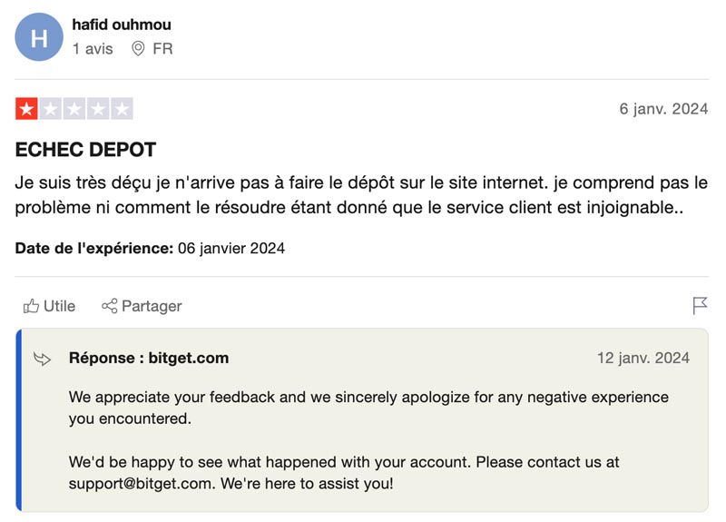 La note Trustpilot négative Bitget