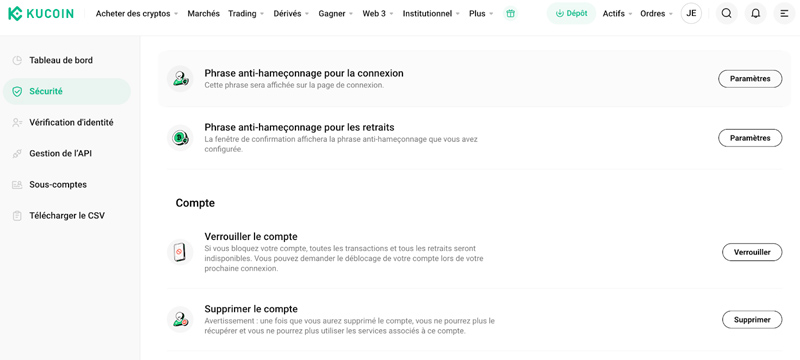 Supprimer le compte Kucoin