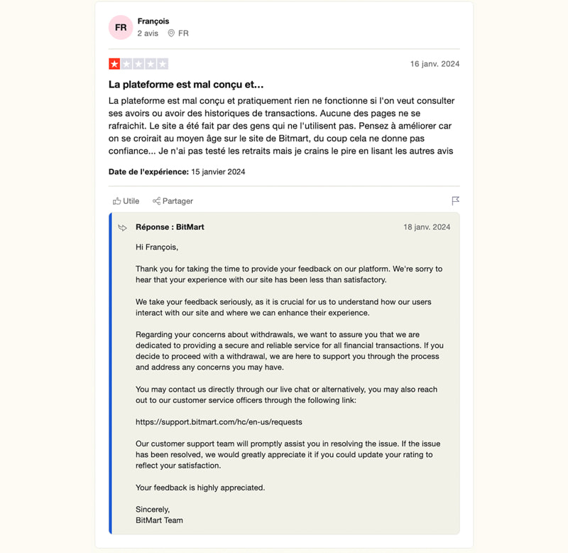 trustpilot négatif avis bitmart