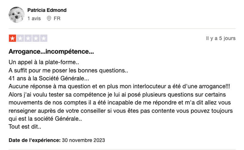 avis des clients trustpilot sur la Société Générale