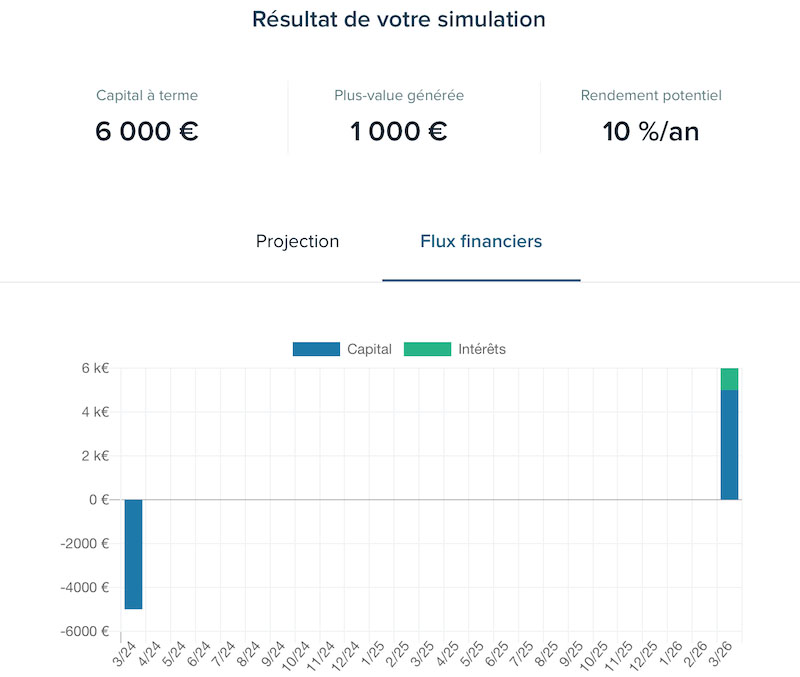 Représentation temporelle du cash flow de l'investissement de 5 000 €