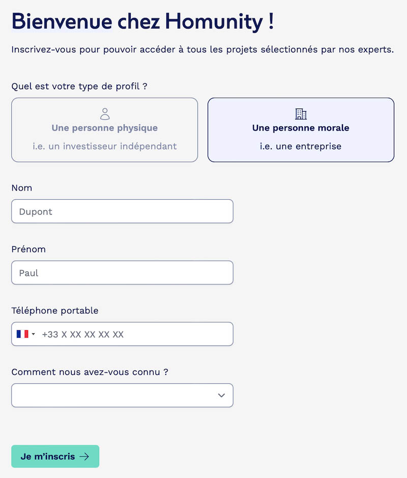 Formulaire d'inscription homunity