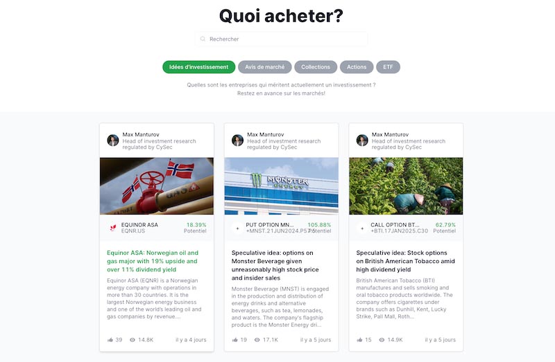 Le module Invest Ideas, qui propose des idées de trades quotidiennement