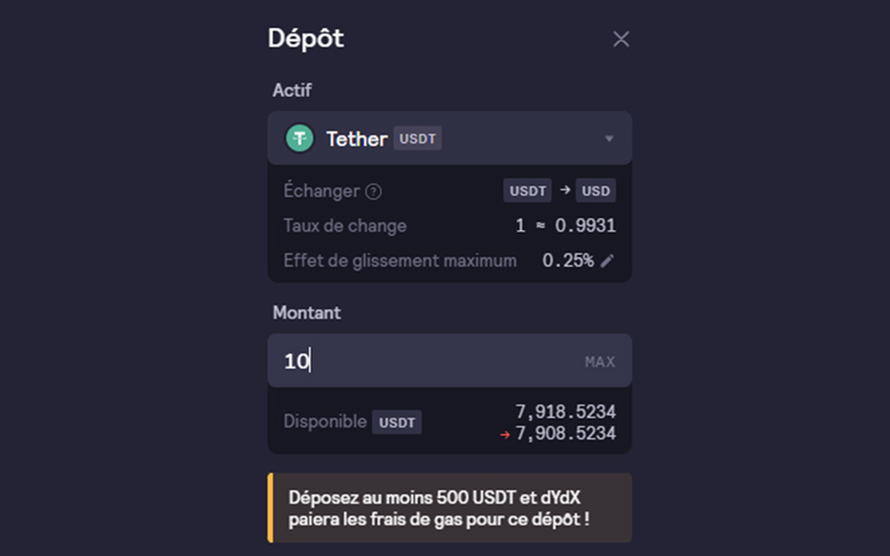 Déposer directement des cryptomonnaies sur DYDX