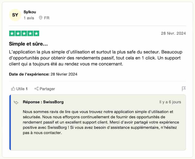 Exemple d'avis positif et réponse du service client Swissborg