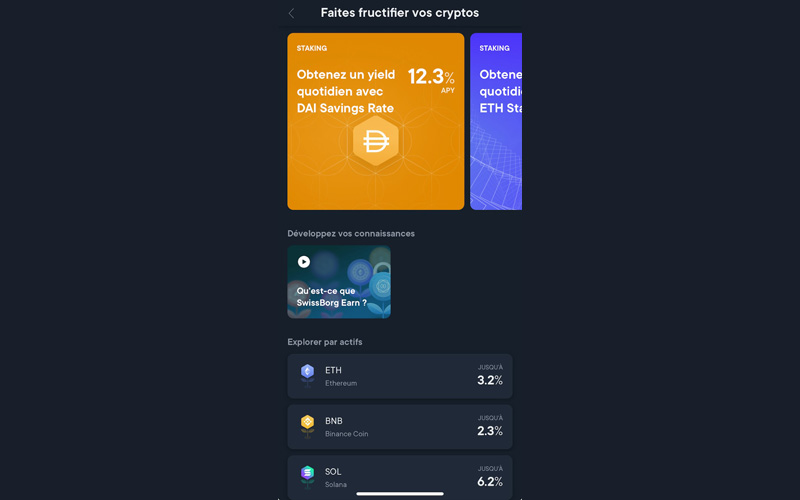 Interface de staking de l'application Swissborg