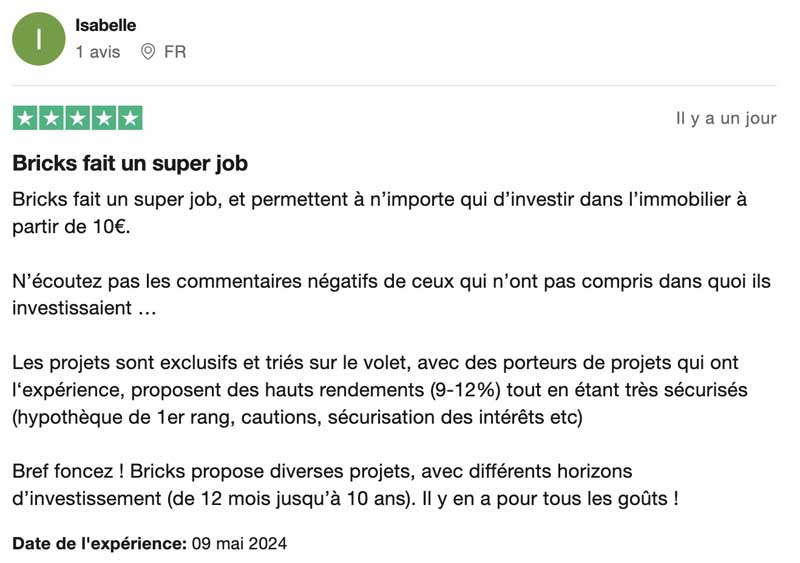 L’avis des clients sur Bricks est positif