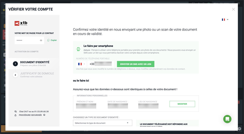 document d'identité par avec votre smartphone ou sur le site XTB