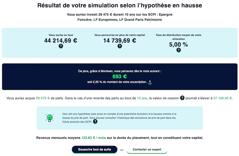 Résultat de la simulation d'investissement en SCPI