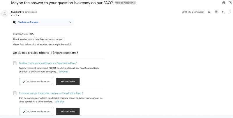 Le service client Rayn