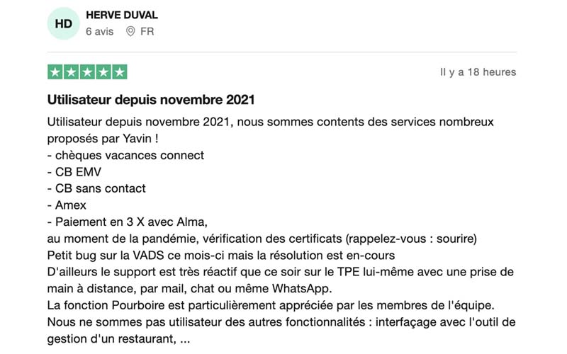 L'avis des clients sur Yavin est positif