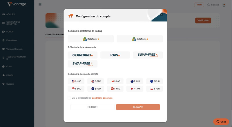 configuration du compte Vantage FX