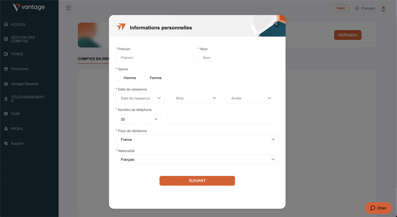 inscription informations personnelles Vantage FX