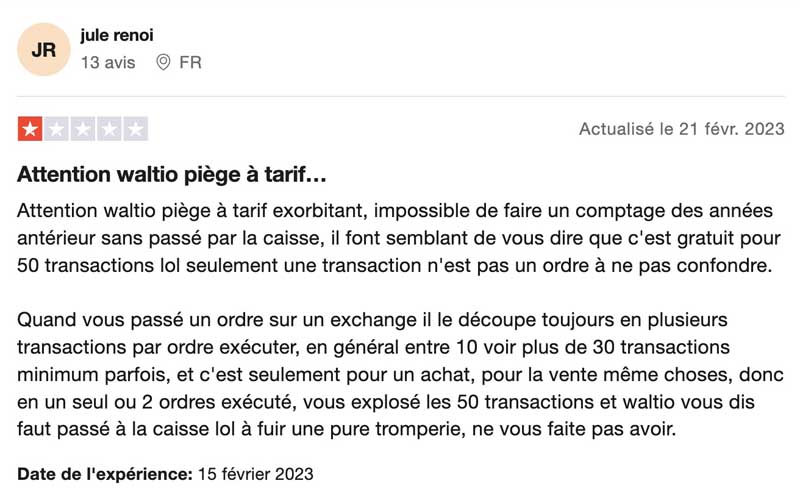 avis utilisateurs négatifs sur TrustPilot Waltio