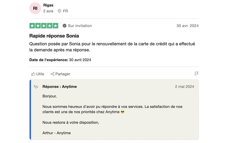 L'avis des clients sur Anytime est positif