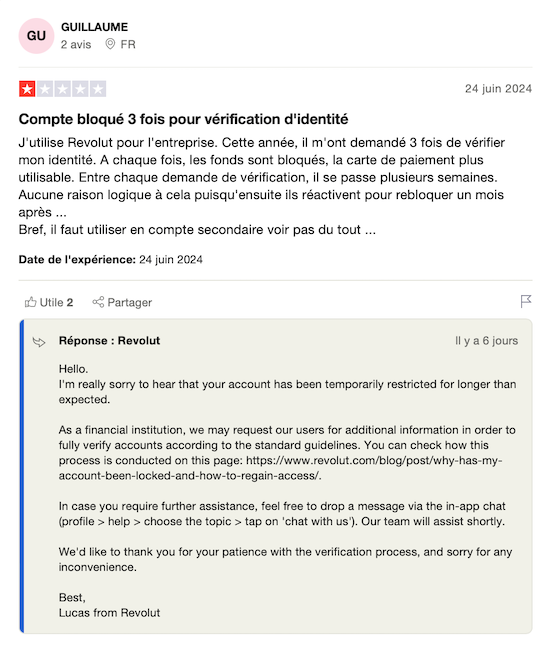 Avis négatif sur Revolut (TrustPilot)