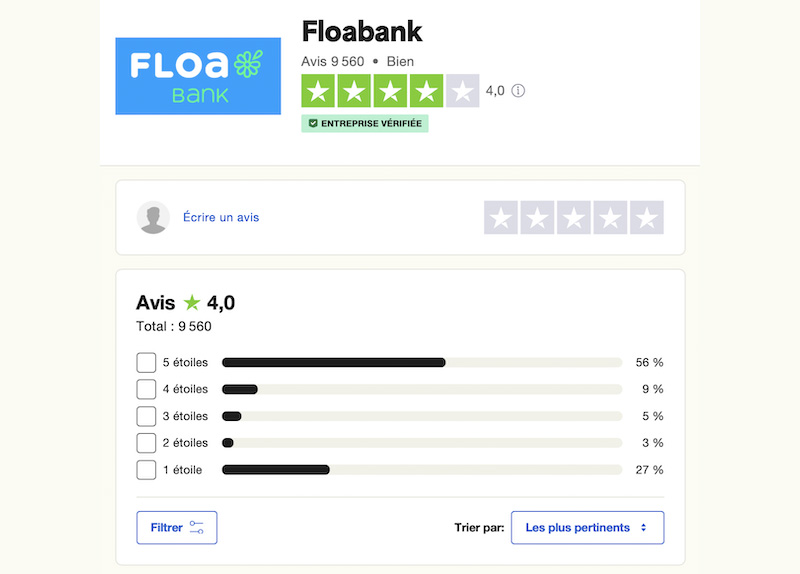 Note globale trustpilot floabank