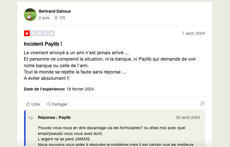 avis négatifs sur Paylib la plateforme TrustPilot