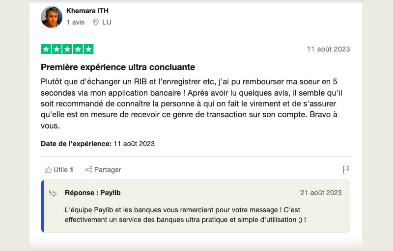 avis positifs sur Paylib la plateforme TrustPilot