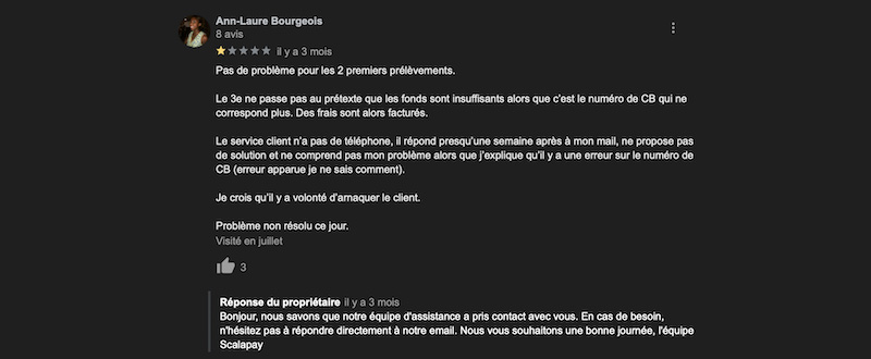 Les avis négatifs sur Scalapay