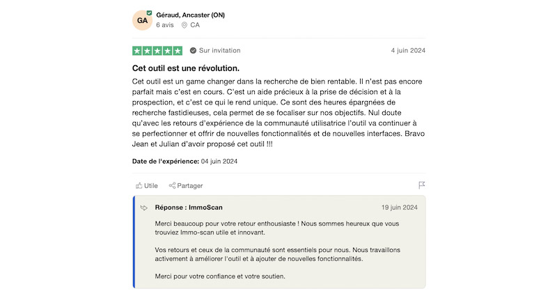 service client avis positif Immoscan