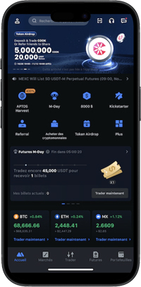 d'accueil de l'application mobile mexc