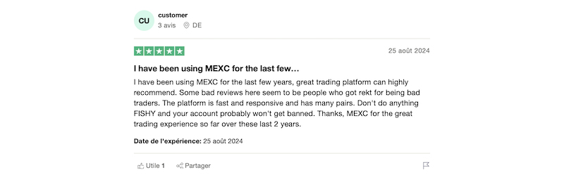 Un exemple d'avis positif mexc
