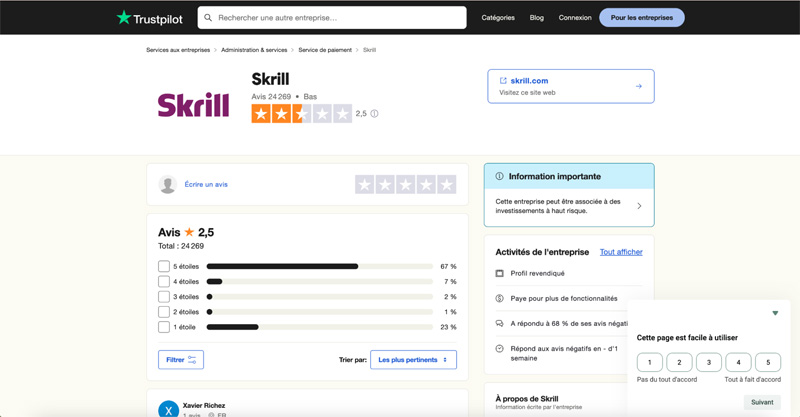 Les avis des clients sur Skrill
