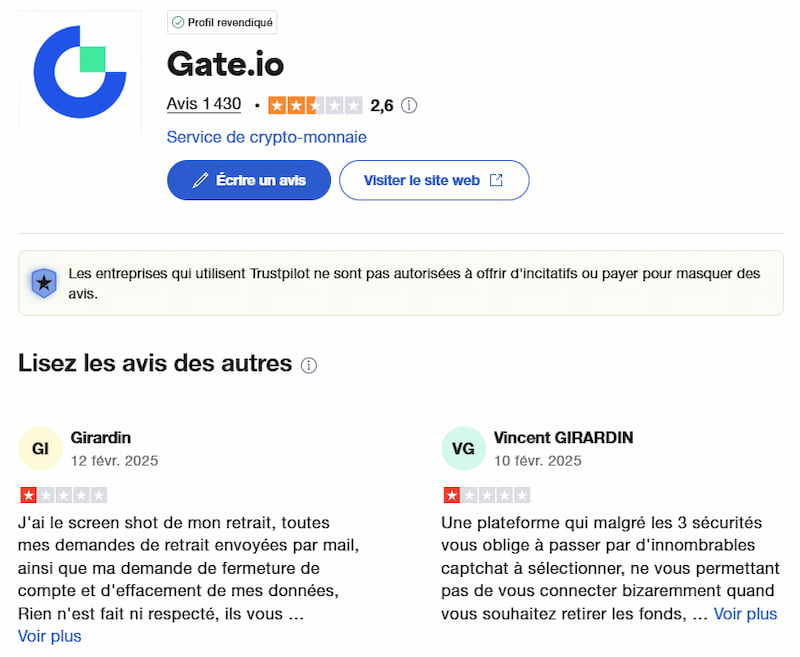 Avis des clients Gate.io sur la plateforme trustpilot